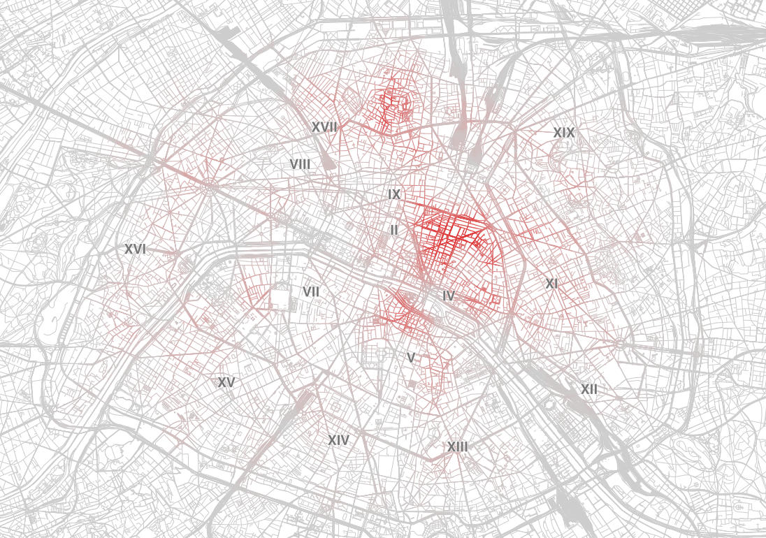Carte de chaleur des annonces Airbnb à Paris. Plus la couleur d'une rue est vive, plus il y a d'annonces dans le quartier.