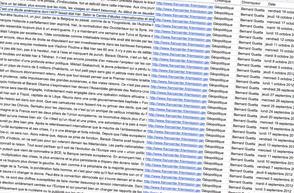 La liste des chroniques de Bernard Guetta dans Google Sheet.